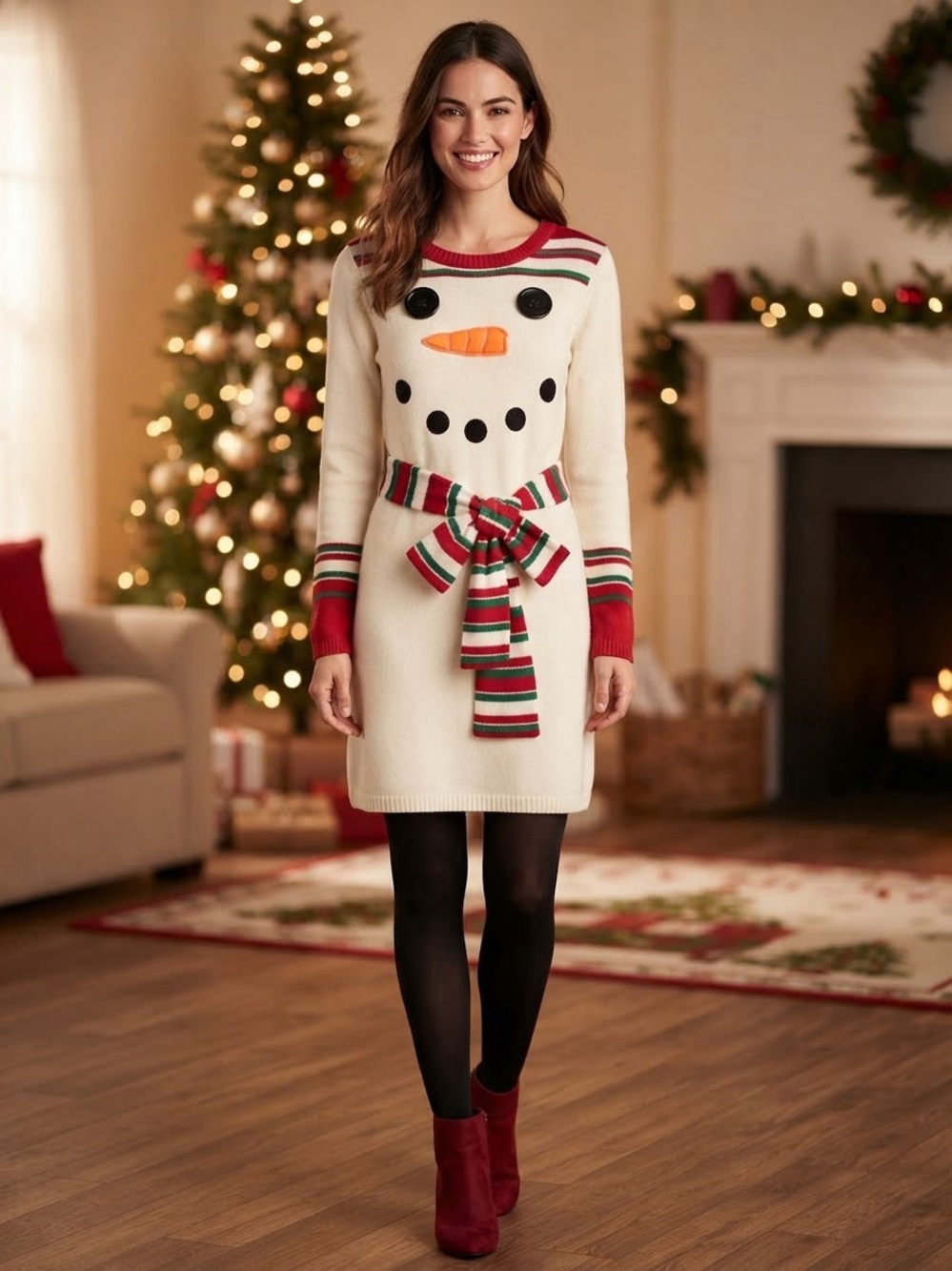 Cream Snowman Sweater Dress with Striped Belt